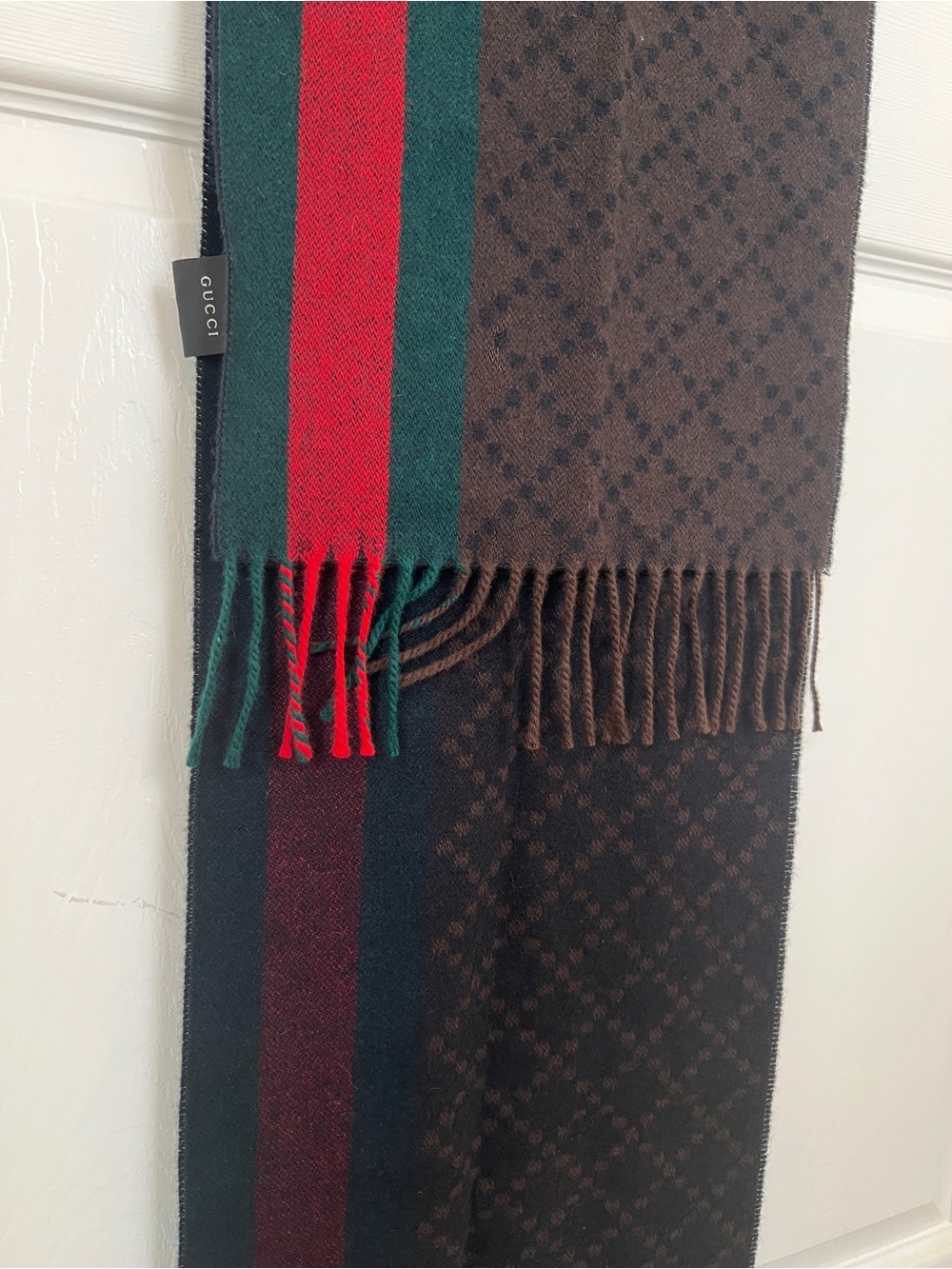 Gucci Brown Monogram Scarf with Red & Green Stripes